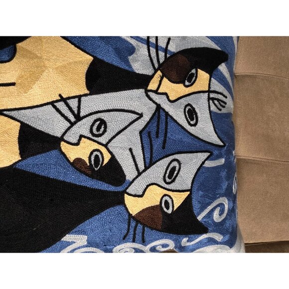 Modern Abstract Embroidered Pillow Cover  Handmade Blue & Gold Boho Feline Art - Picture 6 of 11